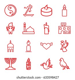 Religion icons set. set of 16 religion outline icons such as dove, mosque, spa building, aroma stick, candle, love bird, angel, yin yang, menorah