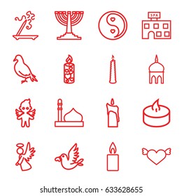 Religion icons set. set of 16 religion outline icons such as dove, mosque, spa building, aroma stick, love bird, angel, candle, yin yang, menorah