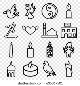 Religion icons set. set of 16 religion outline icons such as dove, mosque, spa building, aroma stick, candle, love bird, angel, yin yang