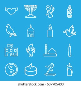 Religion icons set. set of 16 religion outline icons such as dove, mosque, spa building, aroma stick, love bird, angel, candle, yin yang, menorah
