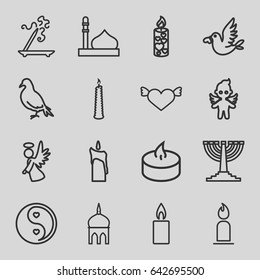 Religion icons set. set of 16 religion outline icons such as dove, mosque, aroma stick, candle, love bird, angel, yin yang, menorah