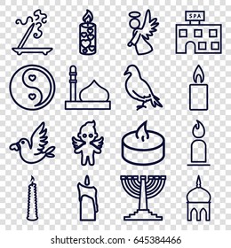 Religion icons set. set of 16 religion outline icons such as dove, mosque, spa building, aroma stick, candle, love bird, angel, yin yang