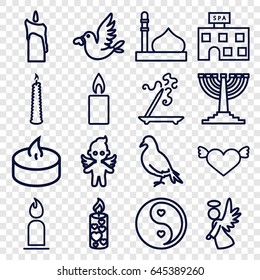 Religion icons set. set of 16 religion outline icons such as dove, mosque, spa building, aroma stick, candle, love bird, angel, yin yang, menorah