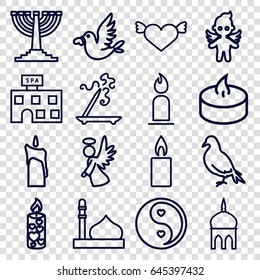 Religion icons set. set of 16 religion outline icons such as dove, mosque, spa building, aroma stick, candle, love bird, angel, yin yang, menorah