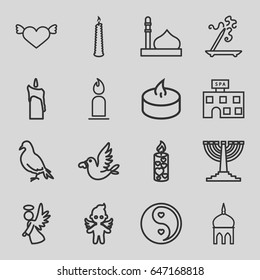 Religion icons set. set of 16 religion outline icons such as dove, mosque, spa building, aroma stick, candle, love bird, angel, yin yang, menorah