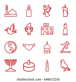 Religion icons set. set of 16 religion outline icons such as dove, mosque, spa building, aroma stick, candle, love bird, angel, yin yang, menorah