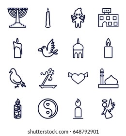 Religion icons set. set of 16 religion outline icons such as dove, mosque, spa building, aroma stick, candle, love bird, angel, yin yang, menorah