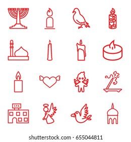 Religion icons set. set of 16 religion outline icons such as dove, mosque, spa building, aroma stick, candle, love bird, angel, menorah