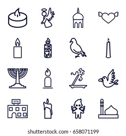 Religion icons set. set of 16 religion outline icons such as dove, mosque, spa building, aroma stick, candle, love bird, angel, menorah