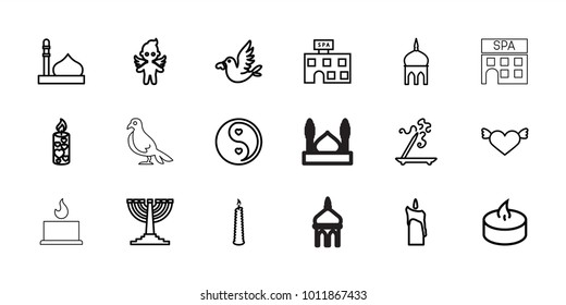 Religion icons. set of 18 editable outline religion icons: mosque, spa building, aroma stick, heart with wings, love bird, candle, yin yang, angel, menorah