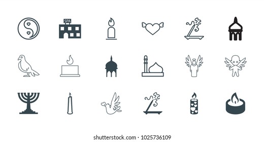 Religion icons. set of 18 editable filled and outline religion icons: mosque, spa building, aroma stick, candle, menorah, heart with wings, yin yang, dove, love bird