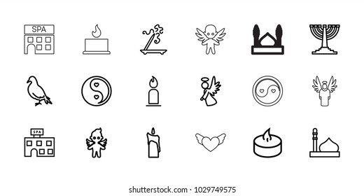 Religion icons. set of 18 editable outline religion icons: dove, mosque, spa building, aroma stick, candle, angel, yin yang, menorah