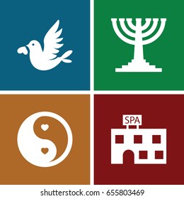 Religion icons set. set of 4 religion filled icons such as spa building, love bird, yin yang