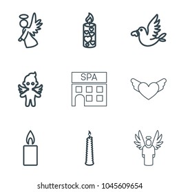 Religion icons. set of 9 editable outline religion icons such as love bird, angel, candle, spa building