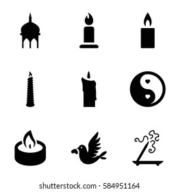 religion icons set. Set of 9 religion filled icons such as mosque, aroma stick, candle, love bird