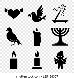 Religion icons set. set of 9 religion filled icons such as dove, aroma stick, candle, heart with wings, love bird, angel
