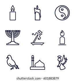 religion icons set. Set of 9 religion outline icons such as dove, mosque, aroma stick, candle, angel, yin yang
