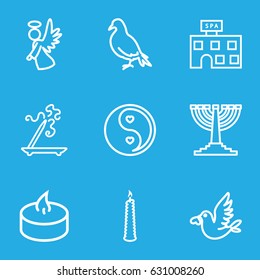 Religion icons set. set of 9 religion outline icons such as dove, spa building, aroma stick, love bird, angel, yin yang, candle