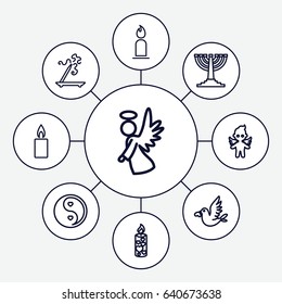 Religion icons set. set of 9 religion outline icons such as aroma stick, candle, love bird, angel, yin yang