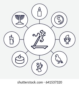 Religion icons set. set of 9 religion outline icons such as dove, aroma stick, angel, yin yang, candle