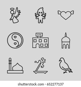 Religion icons set. set of 9 religion outline icons such as dove, mosque, spa building, aroma stick, angel, yin yang