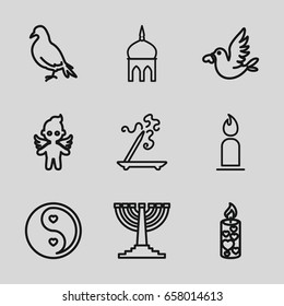 Religion icons set. set of 9 religion outline icons such as dove, mosque, aroma stick, candle, love bird, yin yang, angel