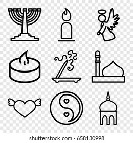Religion icons set. set of 9 religion outline icons such as mosque, aroma stick, candle, angel, yin yang, menorah