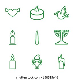 Religion icons set. set of 9 religion outline icons such as candle, love bird, angel, menorah