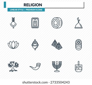 Conjunto de iconos religiosos - bindi, estera de oración, peces gefilte, monedas judías, colección de Vector de contorno de dreidel.