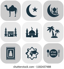 Religion icons set with camel, palms, mecca and other building elements. Isolated vector illustration religion icons.