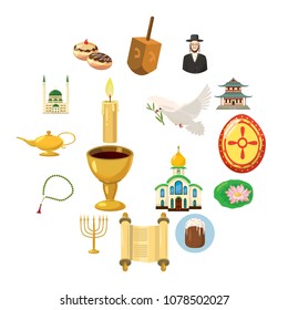 Religion icons set in cartoon style isolated on white background