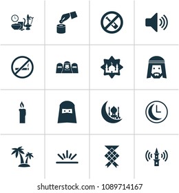 Religion icons set with clock, muslim, adhaan and other meal eaten elements. Isolated vector illustration religion icons.