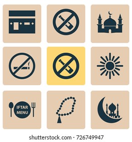 Religion Icons Set. Collection Of Dishes, Beads, No Alcohol And Other Elements. Also Includes Symbols Such As Mosque, Ramadan, Alcohol.