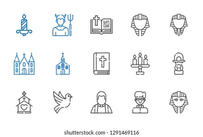religion icons set. Collection of religion with egyptian, priest, dove, church, lantern, candle, bible, devil. Editable and scalable religion icons.