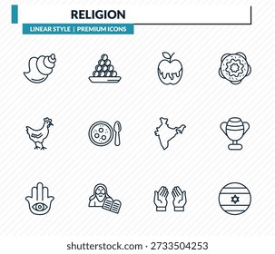 Conjunto de iconos religiosos: concha, ladu y miel, lavadora de lavado, colección de Vector de contorno de la bandera de Israel.