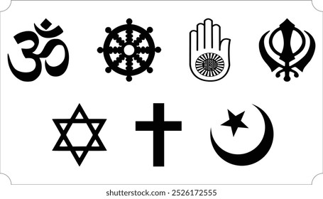 Conjunto De Ícones De Religião, Contendo Todos Os Contornos Dos Ícones De Religião. Cristianismo, islamismo, budismo, hinduísmo, jainismo, yin e yang, portão tori xintoísta, sikhismo e suástica. Coleção de Ilustrações de Vetor