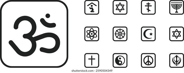 Religion Icons Set, Containing All Religion Icons Outlines. Christianity, Islam, Buddhism, Hinduism, Jainism, yin and yang, Shinto tori gate, Sikhism and swastik. Vector Illustration Collection