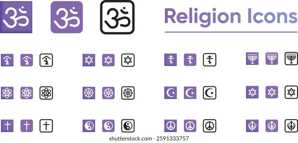 Religion Icons Set, Containing All Religion Icons Outlines. Christianity, Islam, Buddhism, Hinduism, Jainism, yin and yang, Shinto tori gate, Sikhism and swastik. Vector Illustration Collection