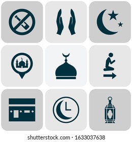 Religion icons set with dua, kaaba, clock and other worship elements. Isolated vector illustration religion icons.