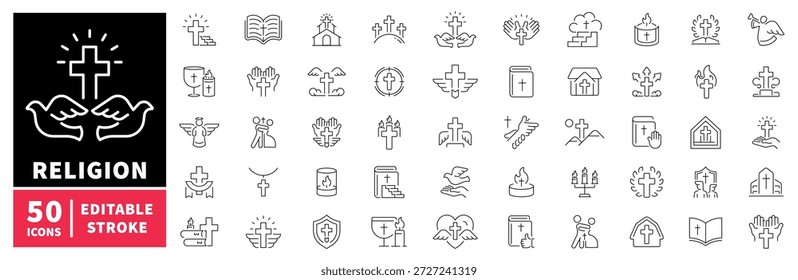 Religion icons set. editable line icons, linear, worship and faith symbols