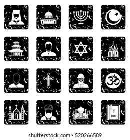 Religion icons set. Grunge illustration of 16 religion vector icons for web