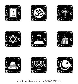 Religion icons set. Grunge illustration of 9 religion vector icons for web