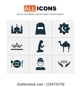 Religion icons set with hijab, god's house, muslim female and other male elements. Isolated vector illustration religion icons.