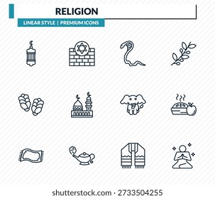 conjunto de ícones de religião - lanterna islâmica, kotel, cobra, bolo, meditação esboço coleção vetorial.