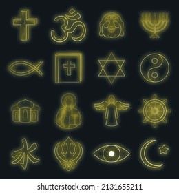 Religion icons set in neon style. Culture set isolated vector illustration