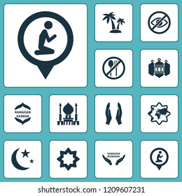 Religion icons set with palms, worship, islamic and other nacht elements. Isolated vector illustration religion icons.