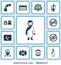 Religion icons set with pinpoint, arabic calligraphy, oriental jug and other arabic calligraphy elements. Isolated vector illustration religion icons.