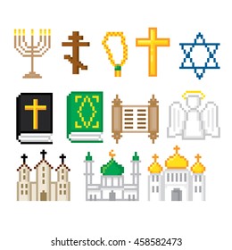 Religion icons set. Pixel art. Old school computer graphic style. Games elements.