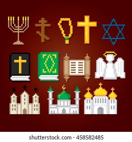 Religion icons set. Pixel art. Old school computer graphic style. Games elements.