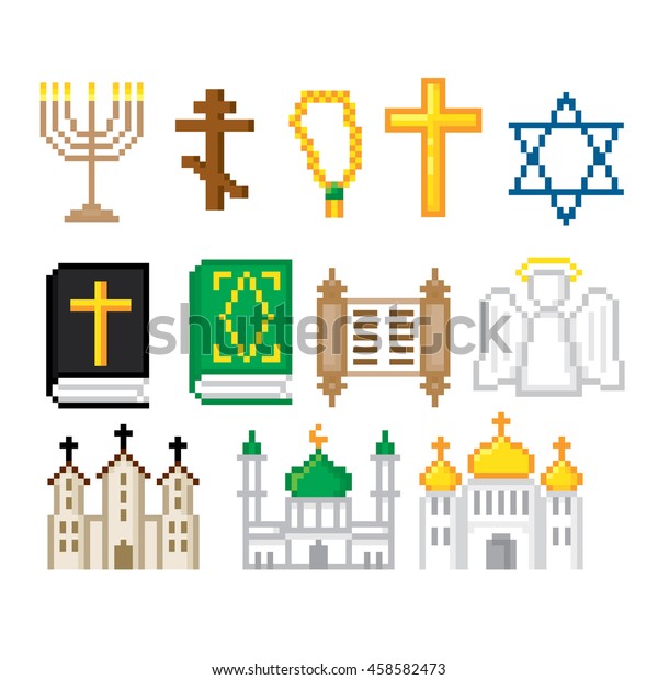 Religion icons set. Pixel art. Old school\
computer graphic style. Games\
elements.